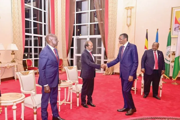 Leader of the Sudanese Rapid Support Forces Mohamed Hamdan Dagalo shakes hands with IGAD leaders in Uganda on Thursday (X)