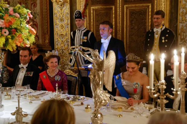 فرانسیسی صدر ایمانوئل میکرون سویڈش رائل پیلس میں خطاب کرتے ہوئے (اے ایف پی)