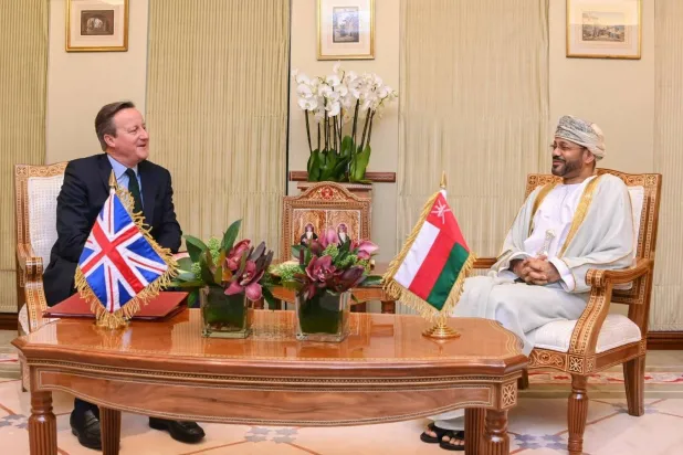 Oman’s Foreign Minister Sayyid Badr al Busaidi meets with British Secretary of State for Foreign Affairs and Development David Cameron in Muscat. (Oman's Foreign Ministry)