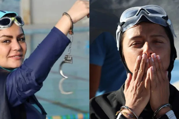 الممثلة ترانه عليدوستي (يمين) في دور السبّاحة الإيرانية إلهام أصغري (إنستغرام)