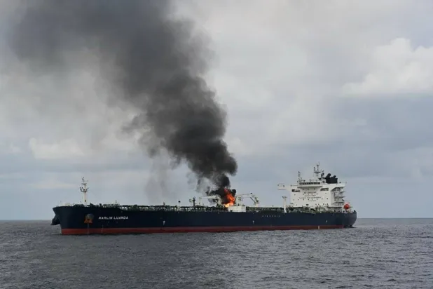 Fire catches on the Marlin Luanda oil tanker after a Houthi attack in the Gulf of Aden. (dpa) 