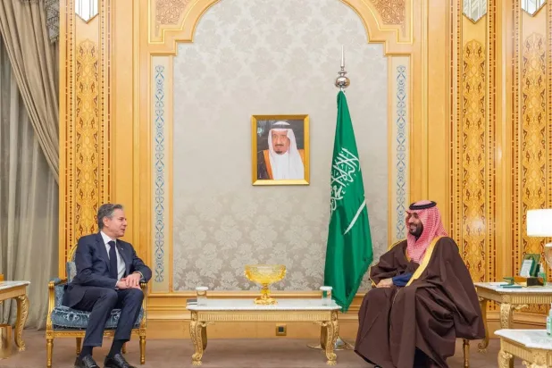 سعودی ولی عہد شہزادہ محمد بن سلمان نے پیر کے روز ریاض میں امریکی وزیر خارجہ انتھونی بلنکن کا خیرمقدم کیا (واس)