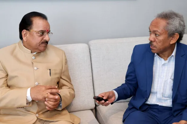 Indian Defense Minister Ajay Bhatt in an interview with Asharq Al-Awsat (PHOTO CREDIT: Mishaal al-Qadir)