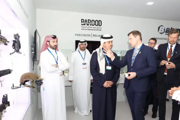 Abdullah Al-Khater, CEO of Barzan Holdings, receives a visitor at the World Defense Show in Riyadh. (Asharq Al-Awsat) 