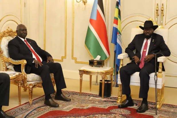 South Sudan's President Salva Kiir with Sudan's Deputy Chairman of the Sovereign Council Malik Agar in Juba (X)