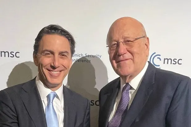 Lebanese caretaker Prime Minister Najib Mikati meets with Amos Hochstein, top aide to US President Joe Biden, in Munich. (Lebanese government)