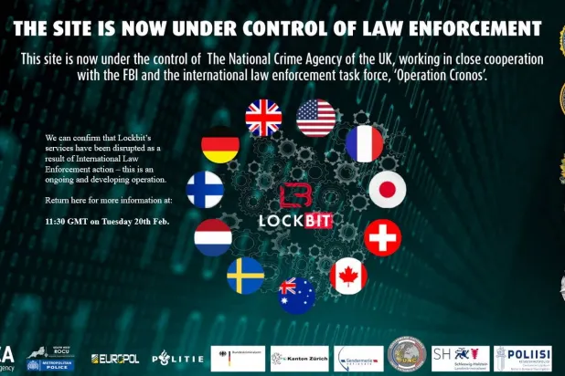 تُظهر الصورة التي التُقطت في 19 فبراير 2024 إشعاراً بالإزالة أصدرته مجموعة من وكالات الاستخبارات العالمية لموقع ويب قرصنة يسمى «لوك بت» (رويترز)