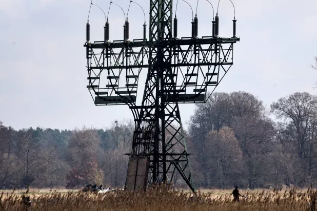 منظر لعمود الجهد العالي المتضرر بالقرب من مصنع «تسلا» في غروينهايده بالقرب من برلين بألمانيا في 5 مارس 2024 (إ.ب.أ)