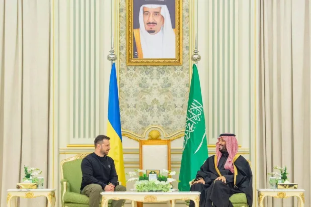 Saudi Crown Prince Mohammed bin Salman during his reception of Ukrainian President Volodymyr Zelensky in Riyadh, Saudi Arabia (SPA)