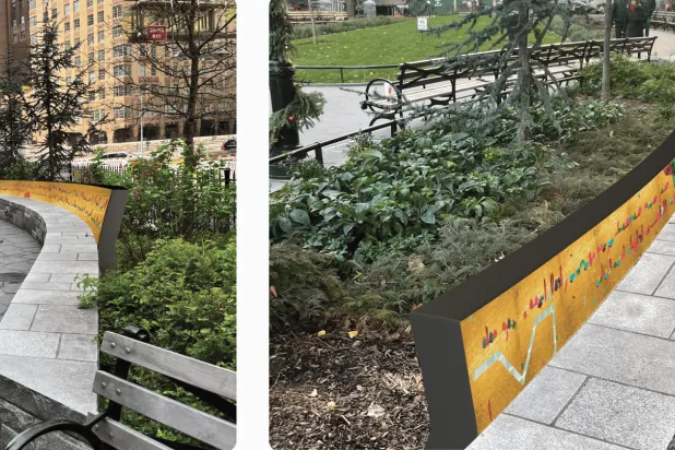 جانب من خلفية المقاعد الخاصة بالنصب التذكاري العربي الأول في مانهاتن