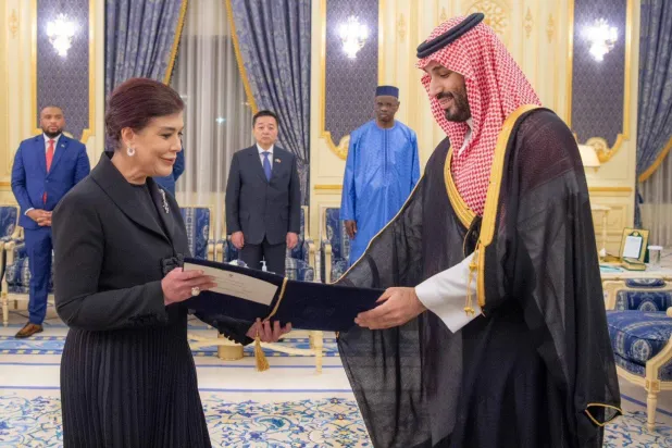 السفيرة العراقية في الرياض أثناء تسليم أوراق اعتمادها لولي العهد السعودي الأمير محمد بن سلمان (واس)