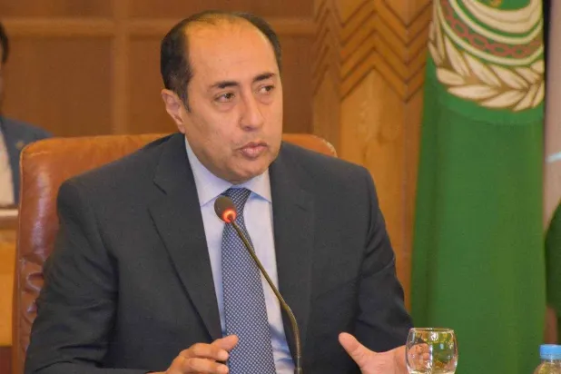 الأمين العام المساعد حسام زكي خلال المؤتمر الإنساني الدولي للسودان وجيرانه في باريس (الجامعة العربية)