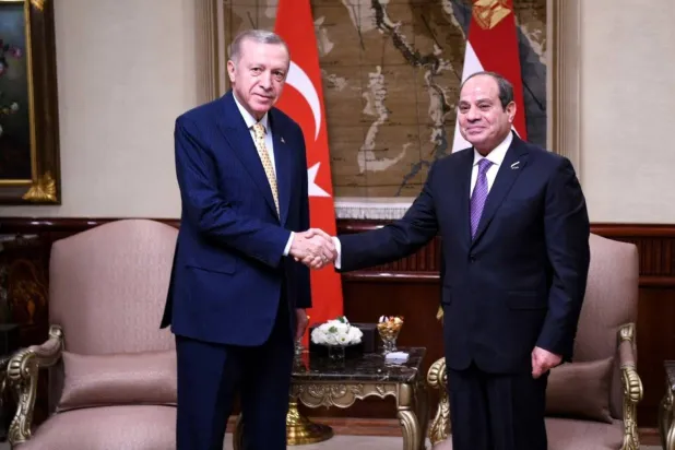 الرئيس المصري يصافح نظيره التركي لدى زيارته القاهرة في فبراير الماضي (أ.ف.ب)