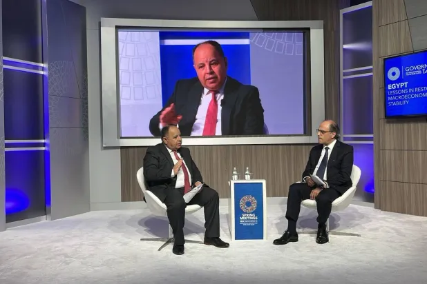 وزير المالية المصري محمد معيط في حوار مع جهاد أزعور مدير إدارة الشرق الأوسط وآسيا الوسطى بصندوق النقد الدولي (الشرق الأوسط)