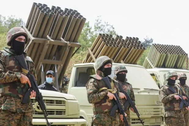 Hezbollah members are seen at a military drill during a media tour in Armata, Lebanon. (Reuters) 