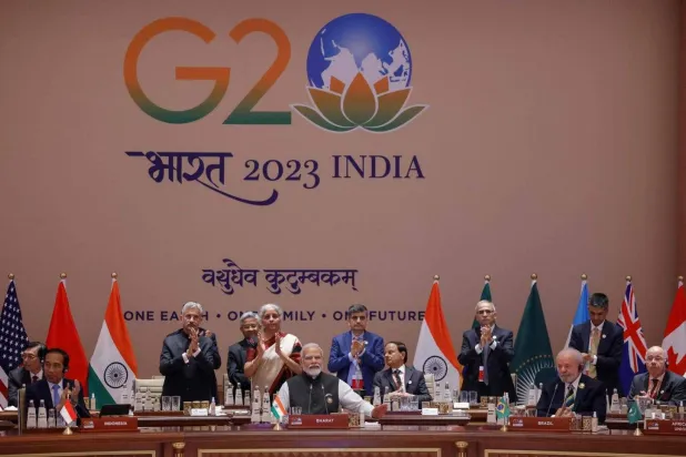 مودي يتكلم في قمة «مجموعة العشرين» بنيودلهي في سبتمبر 2023 (أ.ف.ب)