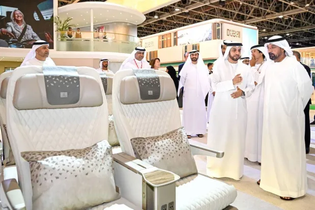 President of Dubai Airports, Supreme President and CEO of Emirates Airlines Sheikh Ahmed bin Saeed Al Maktoum during his tour of the company’s pavilion at the Arabian Travel Market in Dubai. (Asharq Al-Awsat) 