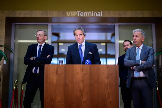 Rafael Grossi speaking on May 7 at Vienna Airport after his return from Tehran. (EPA)