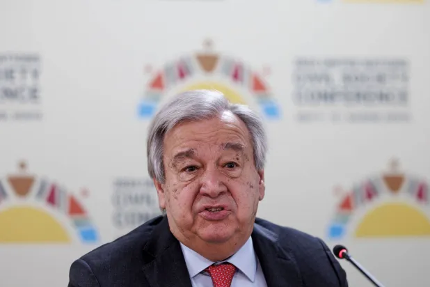 الأمين العام للأمم المتحدة أنطونيو غوتيريش خلال مؤتمر صحافي في نيروبي بكينيا يوم 10 مايو 2024 (أ.ف.ب)