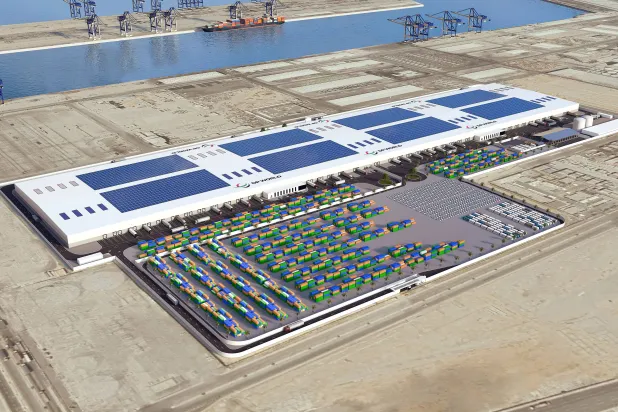 رسم تخيلي للمنطقة اللوجستية في بناء المنطقة اللوجستية التابعة لمجموعة موانئ دبي العالمية في ميناء جدّة الإسلامي.(الشرق الاوسط)