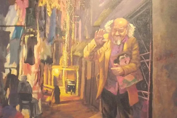 الفنان المصري جورج البهجوري يظهر في لوحة للفنان محمد عبد الجليل (الشرق الأوسط)