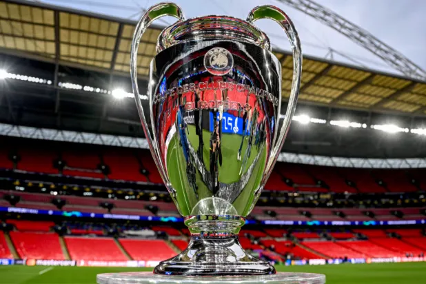 The Champions League trophy at Wembley. Photograph: Hendrik Deckers/Borussia Dortmund/Getty Images

