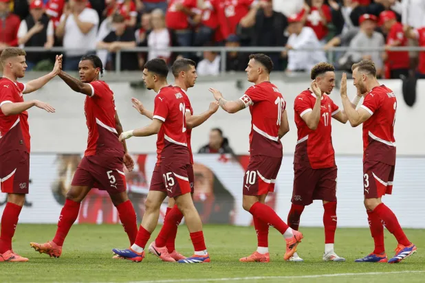 لاعبو سويسرا يحتفلون بهدف التعادل الذي سجله فيدمير في مرمى النمسا (إ.ب.أ)