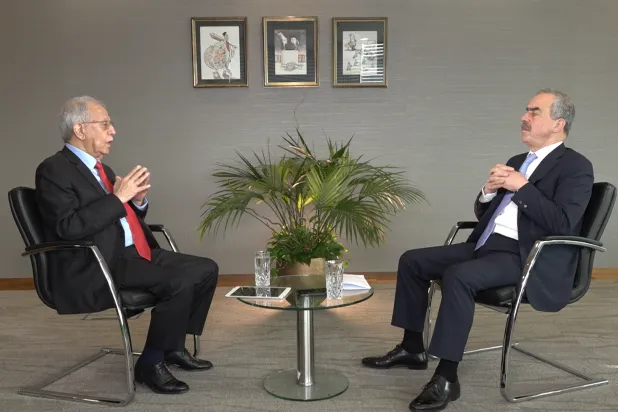 Fakhri Karim during his interview with Editor-in-Chief of Asharq Al-Awsat Ghassan Charbel. (Asharq Al-Awsat) 