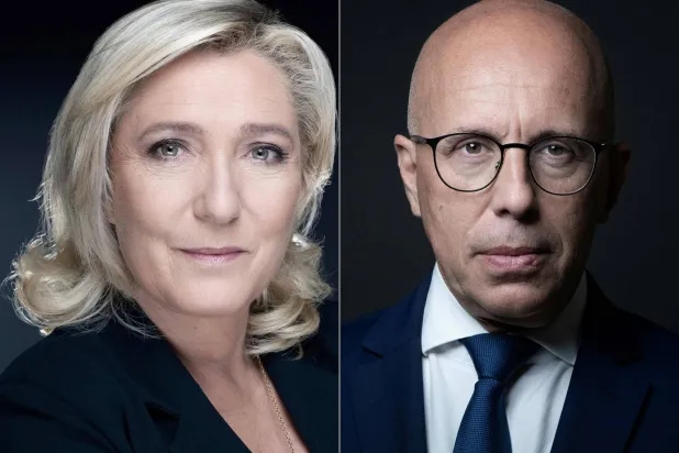 تُظهر هذه الصورة المدمجة بتاريخ 11 يونيو 2024 زعيمة حزب «التجمع الوطني» اليميني المتطرف الفرنسي مارين لوبن وزعيم حزب الجمهوريين اليميني إريك سيوتي (أ.ف.ب)