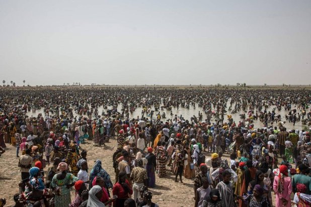 People gather to fish during the Sanké mon collective fishing rite in San, Sego Region on June 6, 2024. (AFP)