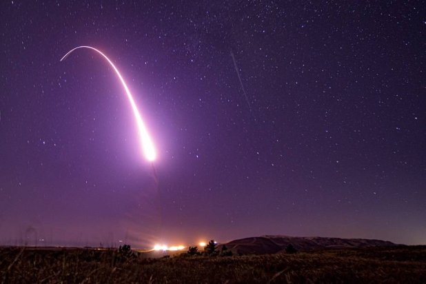 This image taken with a slow shutter speed on Oct. 2, 2019, and provided by the US Air Force shows an unarmed Minuteman 3 intercontinental ballistic missile test launch at Vandenberg Air Force Base, Calif. (Staff Sgt. J.T. Armstrong/US Air Force via AP, File) 
