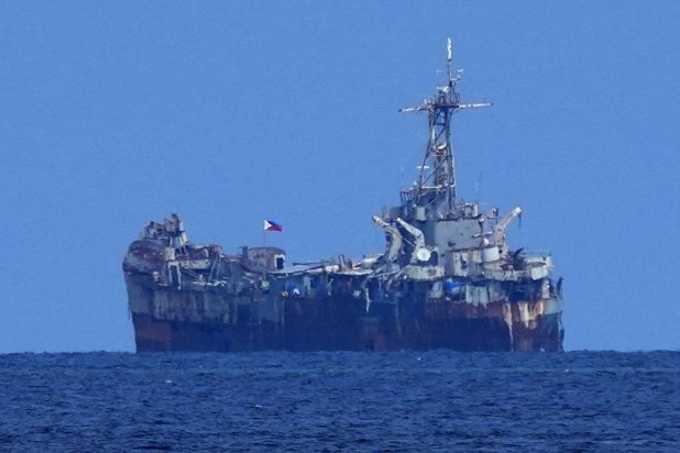 A dilapidated but still active Philippine Navy ship BRP Sierra Madre sits at the Second Thomas Shoal, locally known as Ayungin Shoal, at the disputed South China Sea on Aug. 22, 2023. (AP)