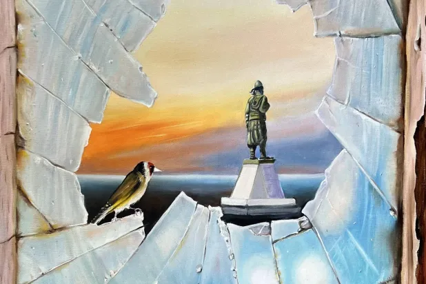 لوحة العصفور وتمثال المغترب اللبناني بريشة هادي يزبك (الشرق الأوسط)