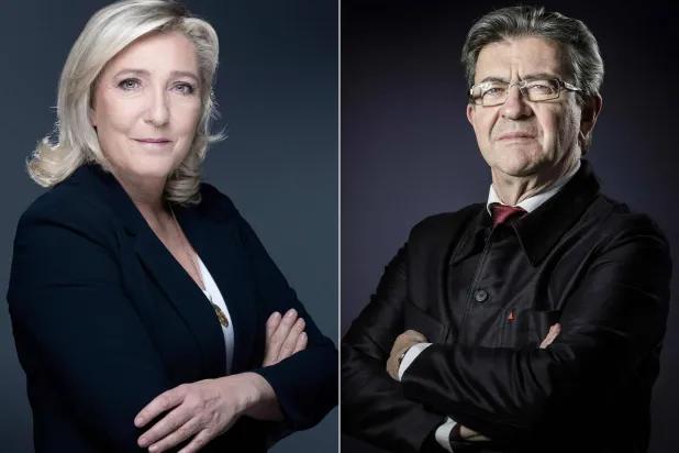 صورة مركبة لجان لوك ميلونشون، زعيم حزب «فرنسا الأبية» اليساري المتشدد، ومارين لوبن الساعية للوصول إلى رئاسة الجمهورية (أ.ف.ب)