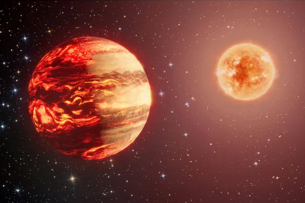 يُظهر هذا الانطباع الفني غير المؤرخ الذي نشرته وكالة الفضاء الأوروبية (ESA) في 21 يونيو 2024 قزما بنيا يدور بالقرب من نجم ساطع (أ.ف.ب)