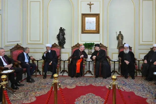 Parolin, al-Rai and other officials during the meeting at Bkirki. (Asharq Al-Awsat) 