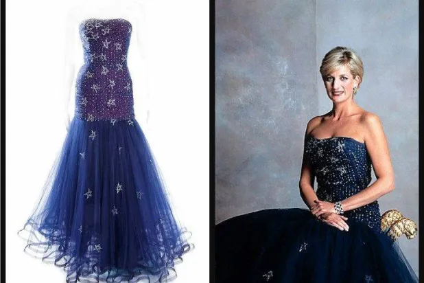 على اليمين الأميرة ديانا ترتدي فستاناً من التول والحرير الأرجواني المصمم بواسطة موراي عربيد، وعلى اليسار نسخة منه، ارتدت الأميرة هذا الفستان لأول مرة في حفل أقامه ملك اليونان قسطنطين في كلاريدج بلندن عام 1986 (بينتريست)