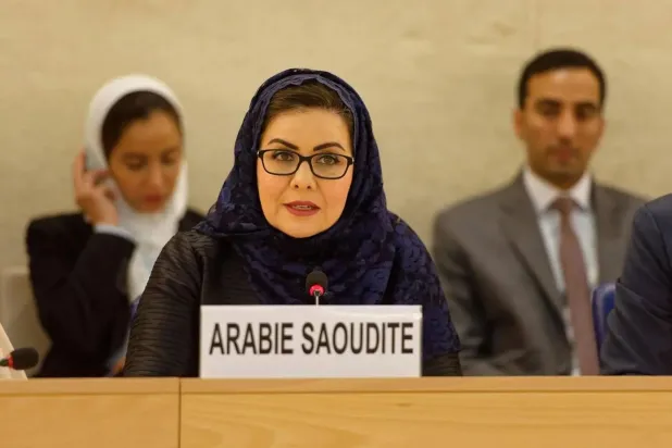 الدكتورة هلا التويجري لدى ترؤسها وفد السعودية المشارك في الجلسة (واس)