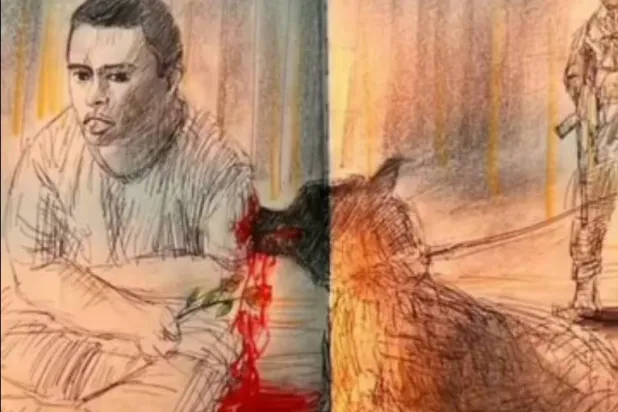 رسم للشاب الفلسطيني محمد بهار يمثّل اللحظات الوحشية التي عاشها والكلب البوليسي ينهش لحمه (حساب جبريل بهار على «فيسبوك»)