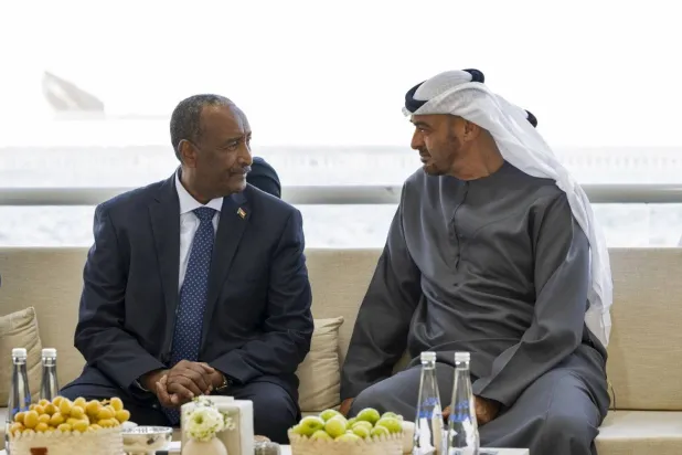 United Arab Emirates President Sheikh Mohamed bin Zayed Al Nahyan and Sudan's army chief Abdel Fattah al-Burhan meet in Abu Dhabi on March 11, 2022. (AFP)