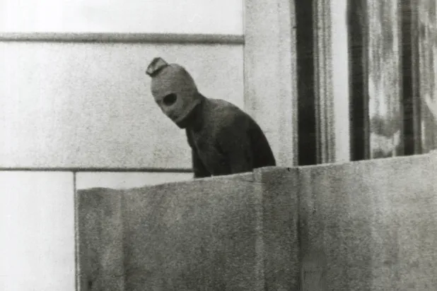 One of the attackers is seen at the Israeli team’s headquarters in the Olympic Village. (Getty Images) 