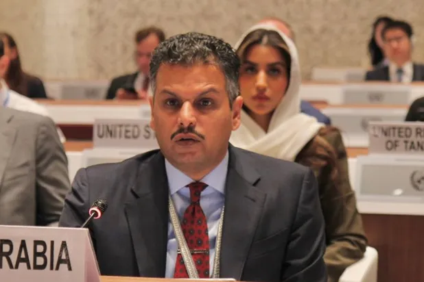 السفير عبد المحسن بن خثيلة يتحدث خلال مؤتمر مراجعة معاهدة عدم انتشار الأسلحة النووية (البعثة السعودية بجنيف)