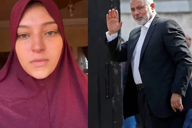 Solda Heniyye’nin gelini İnas Heniyye'nin videosundan bir kare, sağda Hamas Siyasi Büro Başkanı İsmail Heniyye’nin 28 Ekim 2019 tarihinde Gazze'de Filistin Merkez Seçim Komisyonu Başkanı Hana Nasır ile görüşmeden önce kameralara el sallarken çekilen bir resmi (X – Reuters)