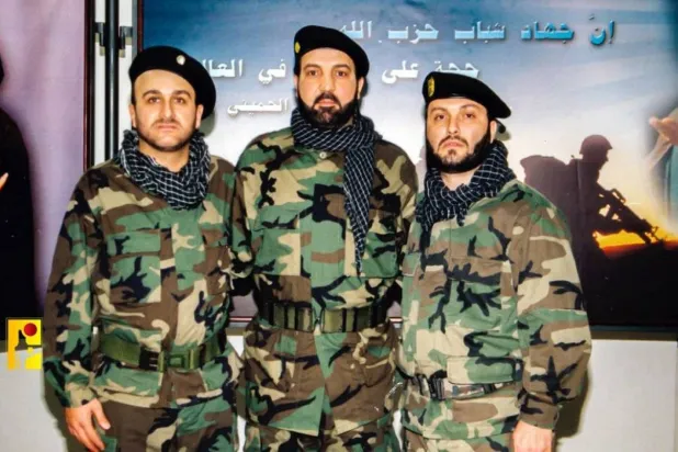 An archived photo of key Hezbollah leaders who were assassinated: Imad Mughniyeh (right), Fouad Shukr(center), and Mustafa Badreddine (left) 