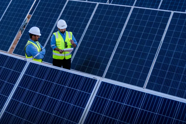 مهندسان يعملان في مشروع محطة «سكاكا» للطاقة الشمسية التابع لـ«أكوا باور» (واس)