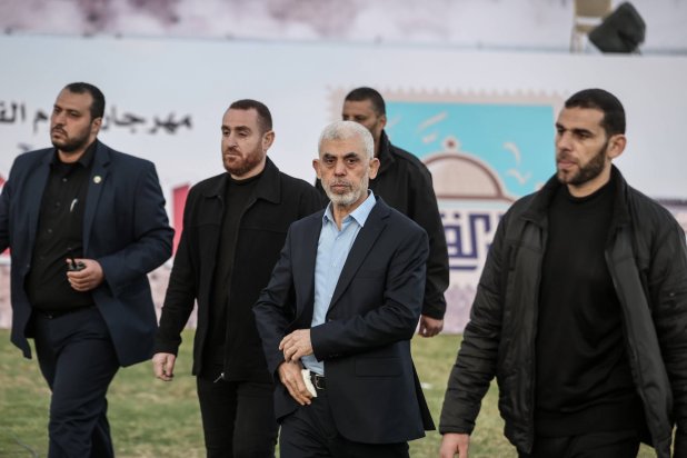 Sinwar arrives for a Quds Day commemoration in Gaza on April 14, 2023. (Getty Images) 