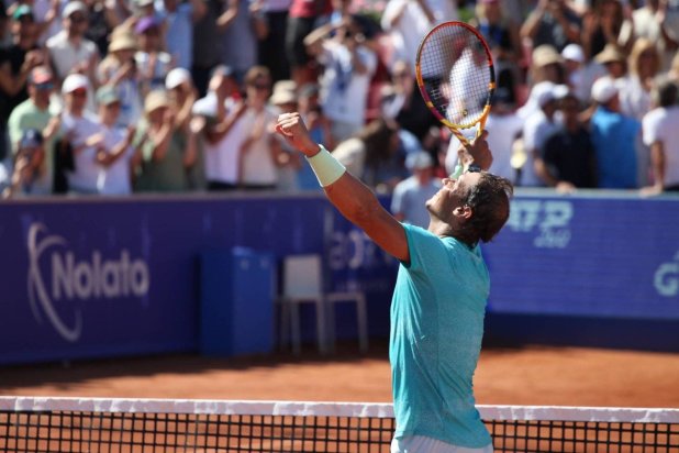 20 July 2024, Sweden, Bastad: Spanish tennis player Rafael Nadal celebrates after defeating Croatia's Duje Ajdukovic in the men's singles semi-finals of the Swedish Open. Photo: Steffen Trumpf/dpa