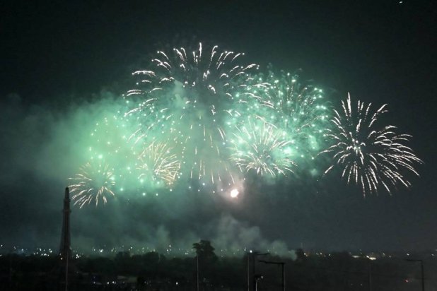 Fireworks explode during the celebrations marking the 77th anniversary of Pakistan's Independence, in Lahore, Pakistan, 14 August 2024. (EPA)
