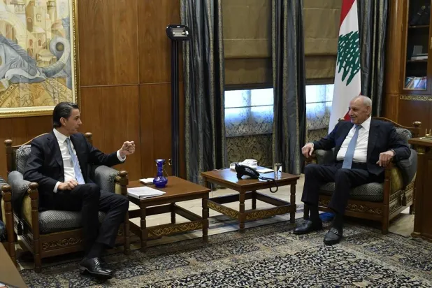 Lebanese Parliament Speaker Nabih Berri (R) meets with the Senior Advisor to US President, Amos Hochstein (L) in Beirut, Lebanon, 14 August 2024. (EPA)