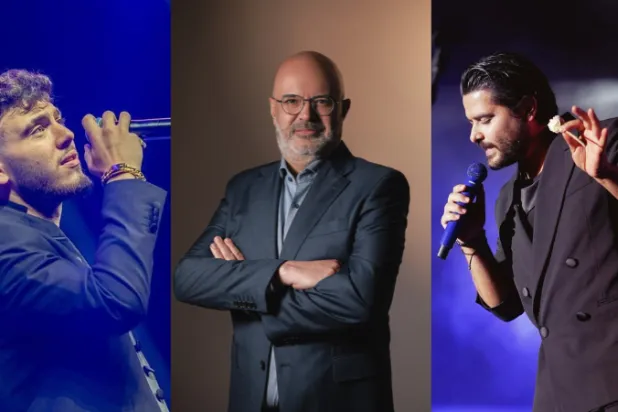 الفنانان ناصيف زيتون (يمين) والشامي (يسار) ورئيس مجلس إدارة «غلافا هولدينغ» غسان شرتوني